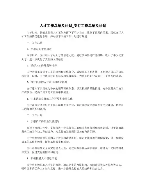 人才工作总结及计划_支行工作总结及计划