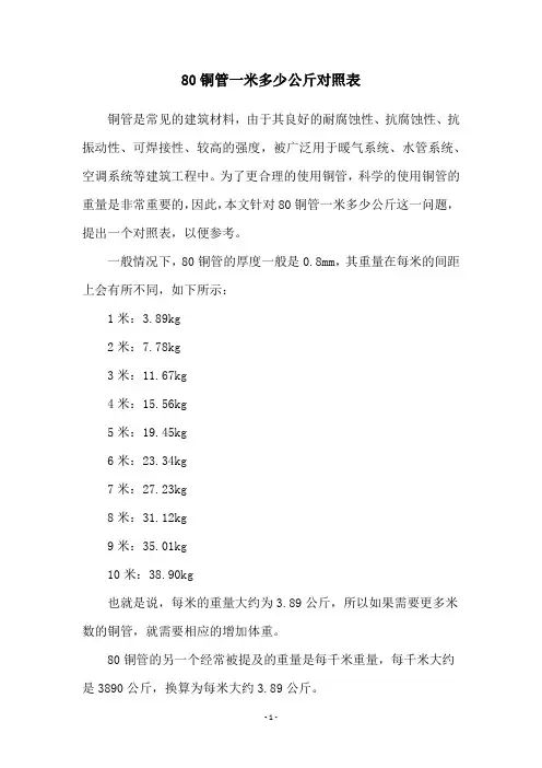 80铜管一米多少公斤对照表