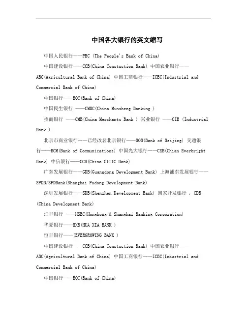 中国各大银行的英文缩写