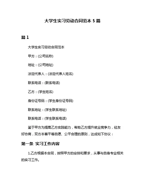 大学生实习劳动合同范本5篇