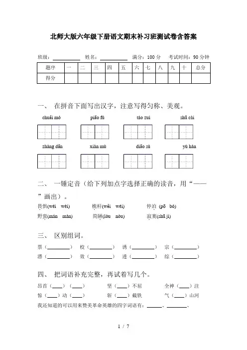 北师大版六年级下册语文期末补习班测试卷含答案
