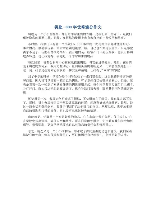 钥匙800字优秀满分作文