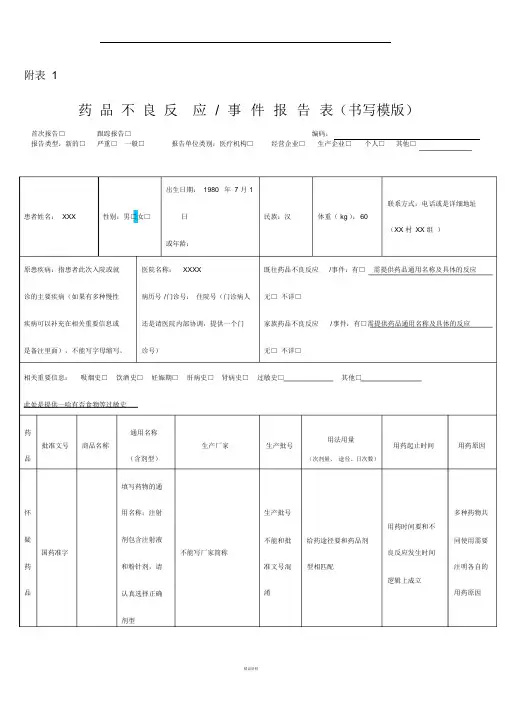药品不良反应报告表(模版)