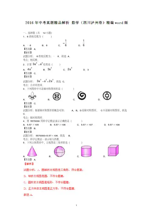 四川泸州2019中考试题数学卷(解析版)