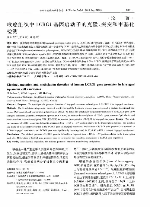 喉癌组织中LCRG1基因启动子的克隆、突变和甲基化检测