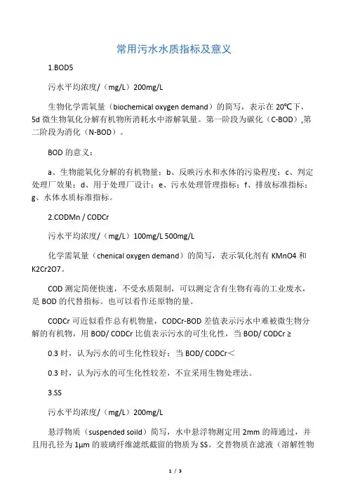 常用污水水质指标及意义