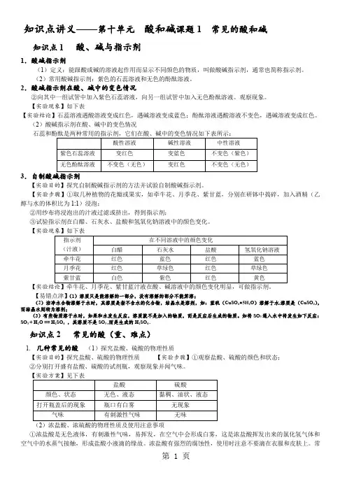 人教版化学 九年级下册 10.1常见的酸和碱 知识点讲义(无答案)