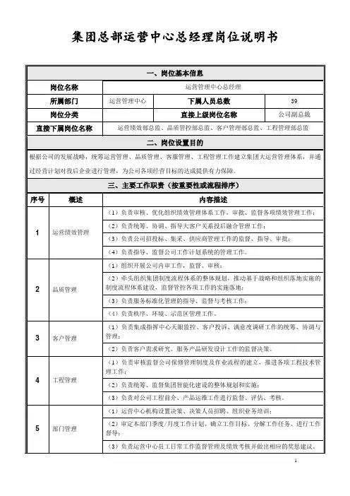 岗位说明书-运营管理中心-总经理