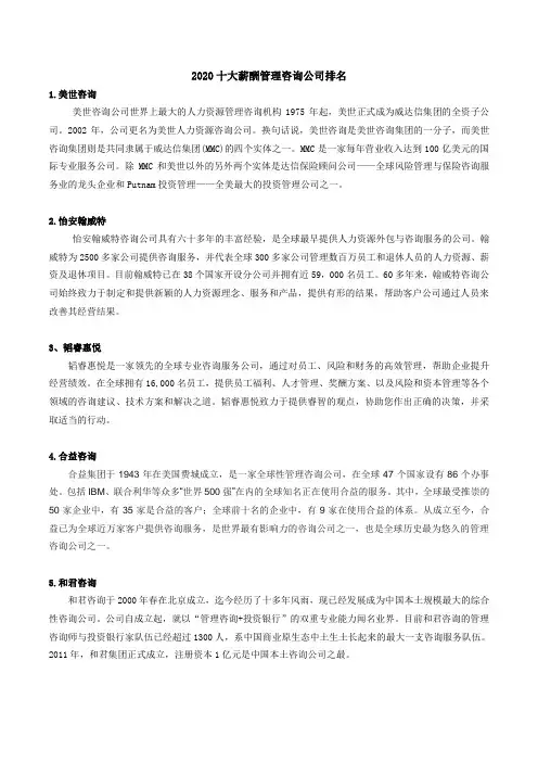 2020十大薪酬管理咨询公司排名