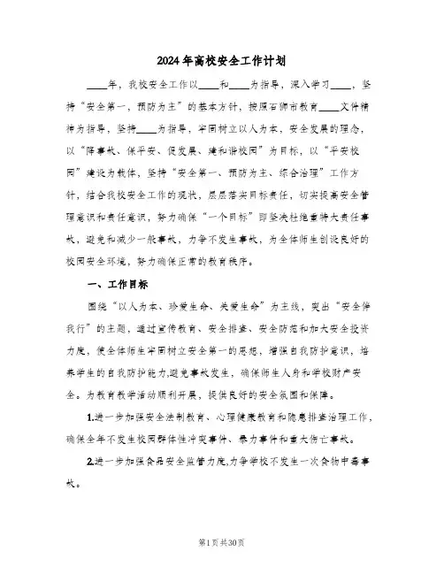 2024年高校安全工作计划（五篇）