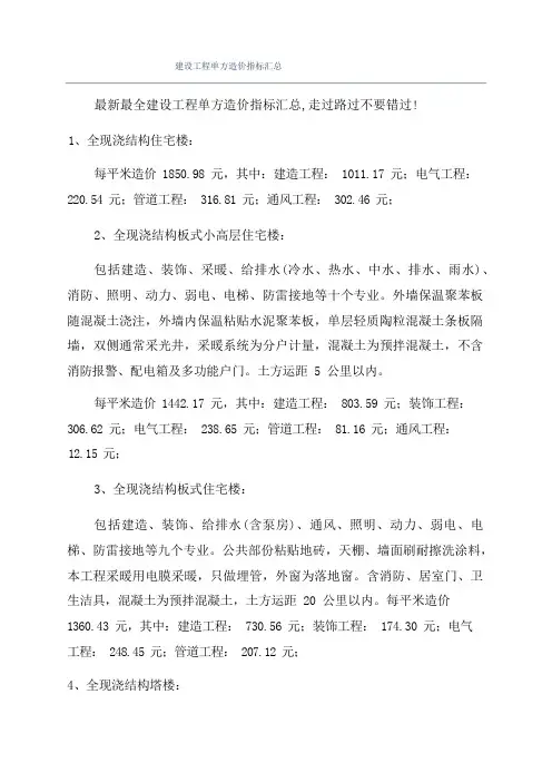 建设工程单方造价指标汇总
