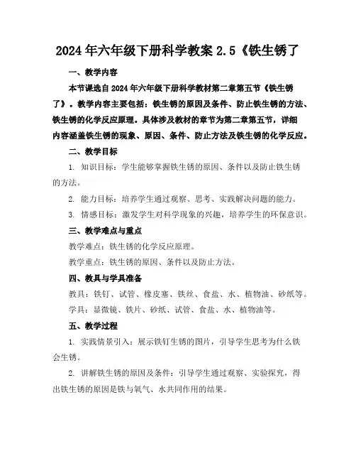 2024年六年级下册科学教案2.5《铁生锈了