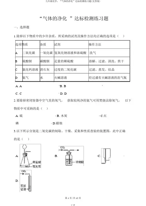 九年级化学：“气体的净化”达标检测练习题(无答案)