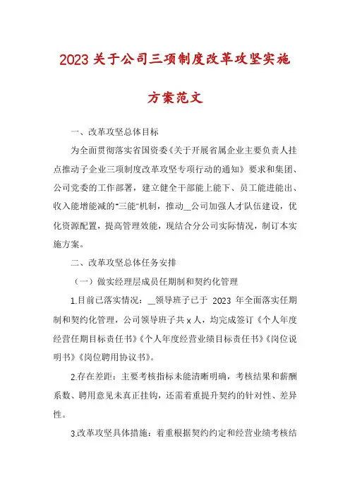 2023关于公司三项制度改革攻坚实施方案范文