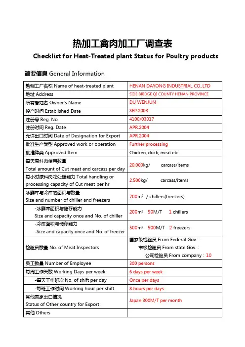 【工厂应用表格】热加工禽肉加工厂调查表
