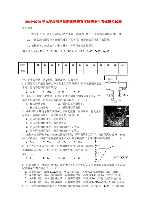 2019-2020年九年级科学创新素养培育实验班招生考试模拟试题