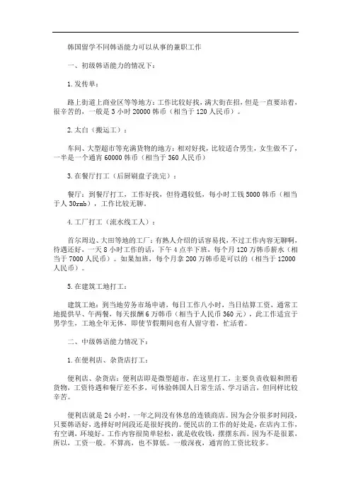 最新韩国留学不同韩语能力可以从事的兼职工作