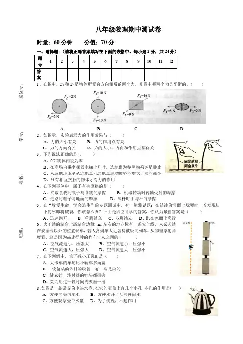 八年级物理下册期中测试卷含答案