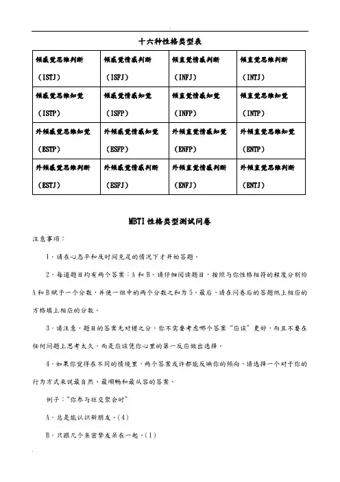 MBTI职业性格测试及解析(完整版)
