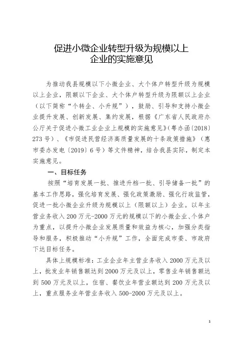 促进小微企业转型升级为规模以上企业的实施意见