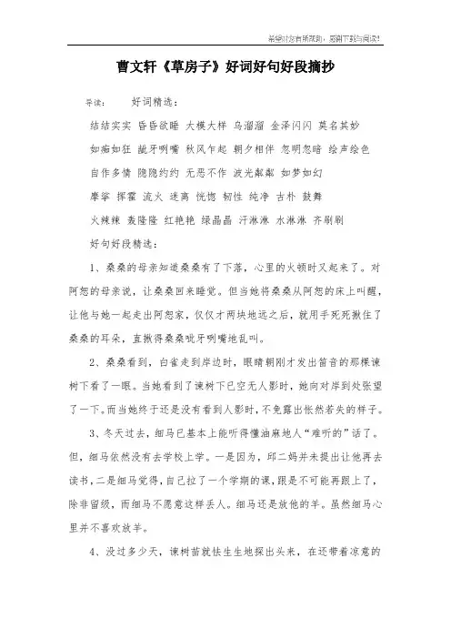 曹文轩《草房子》好词好句好段摘抄