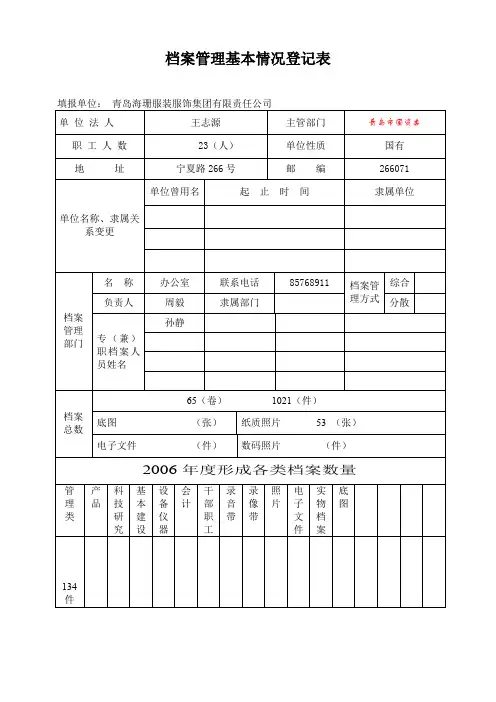 档案管理基本情况登记表
