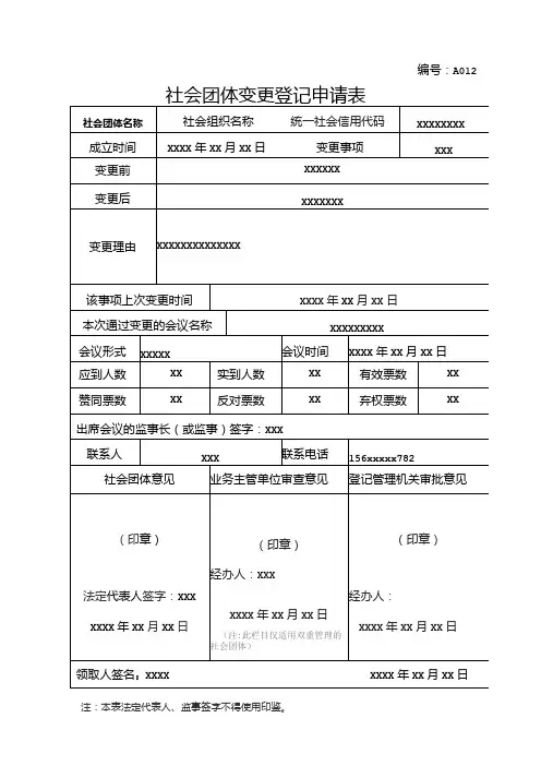 社会团体变更登记申请表 -示例样本