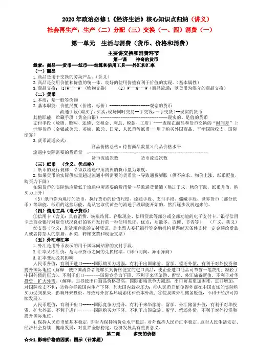 2020年高考政治必修一经济生活基础知识总结