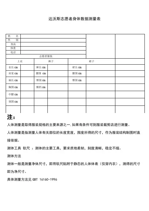 达沃斯志愿者身体数据测量表