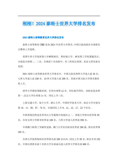 刚刚!2024泰晤士世界大学排名发布