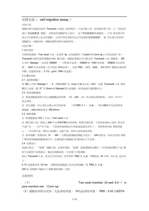 细胞迁移侵袭实验操作步骤(Transwell)
