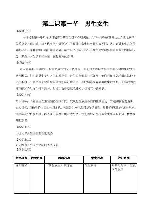 人教版《道德与法治》七年级下册-2.1 男生女生 教学设计