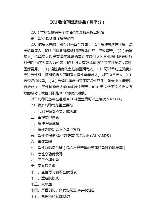 ICU收治范围及标准（科室分）