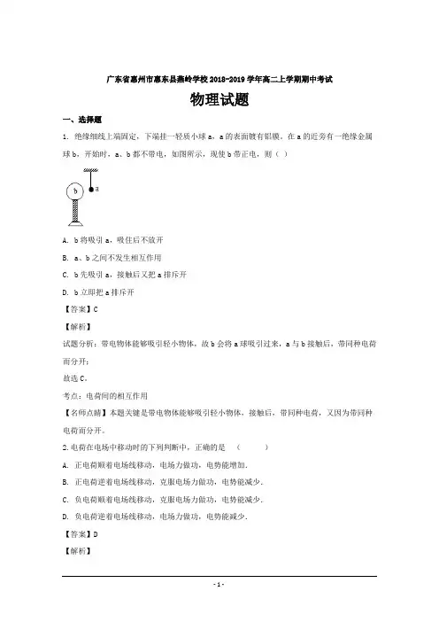 广东省惠州市惠东县燕岭学校2018-2019学年高二上学期期中考试物理---精校解析Word版