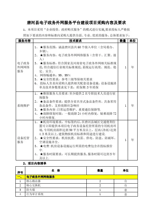 唐河电子政务外网服务平台建设项目采购内容及要求