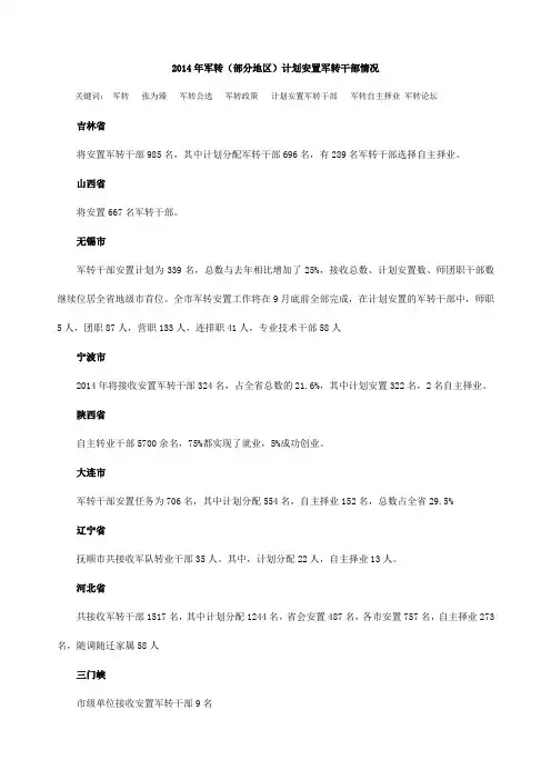2014年军转(部分地区)计划安置军转干部情况