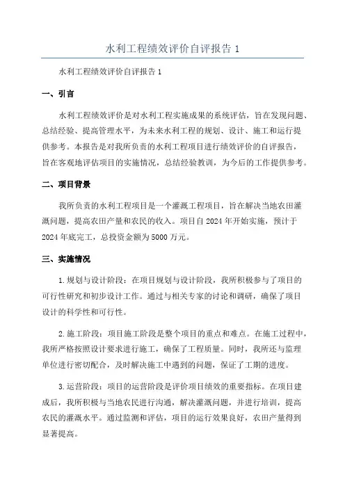 水利工程绩效评价自评报告1