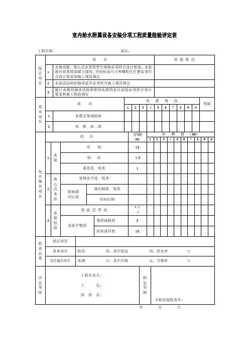 室内给水附属设备安装分项工程质量检验评定表