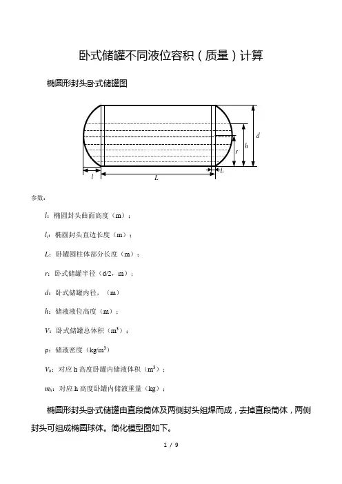卧式储罐不同液位下的容积(质量)计算