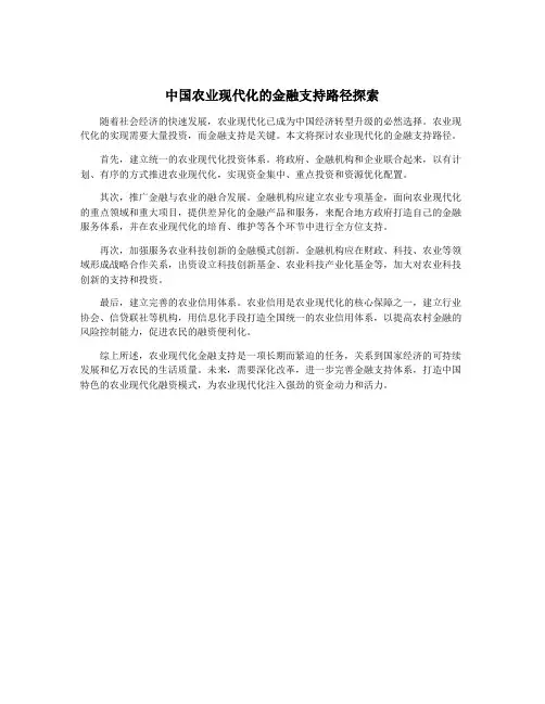 中国农业现代化的金融支持路径探索