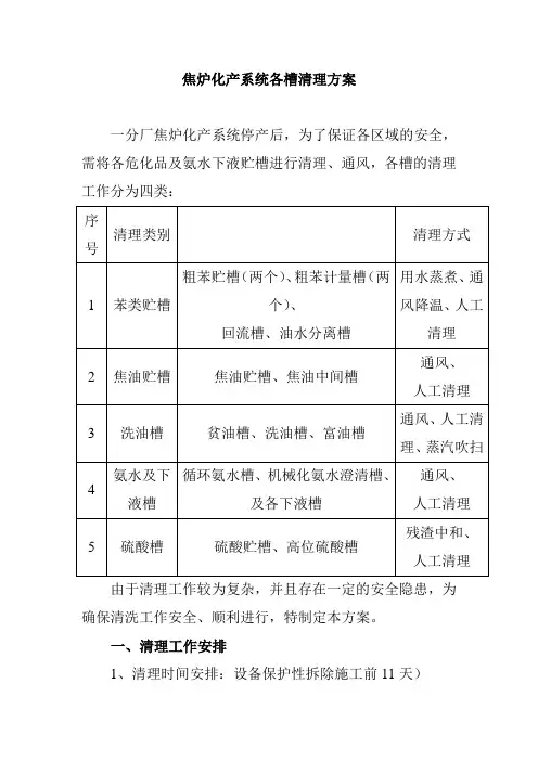 焦炉化产系统各槽清理方案