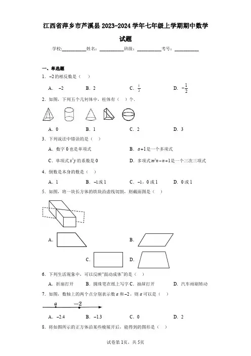 江西省萍乡市芦溪县2023-2024学年七年级上学期期中数学试题