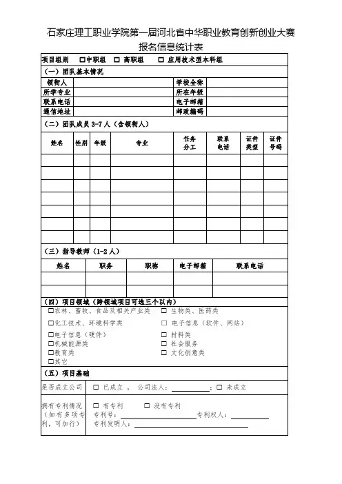 石家庄理工职业学院第一届河北省中华职业教育创新创业大赛报名信息统计表【模板】