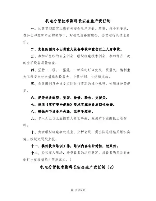 机电分管技术副科长安全生产责任制(5篇)