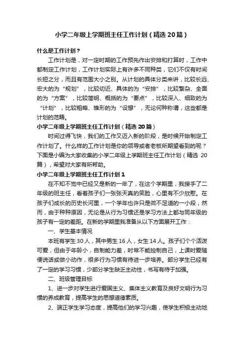 小学二年级上学期班主任工作计划（精选20篇）