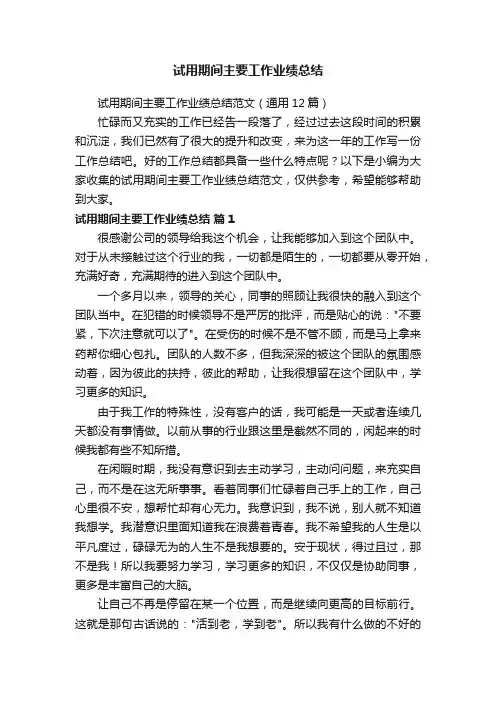 试用期间主要工作业绩总结范文（通用12篇）