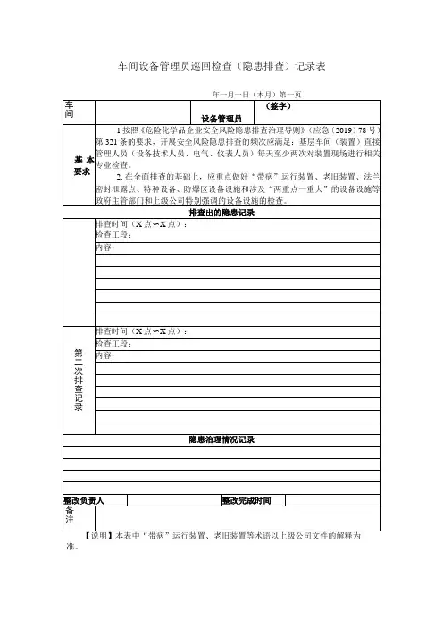 化工企业生产车间设备管理员巡回检查(风险隐患排查)记录表