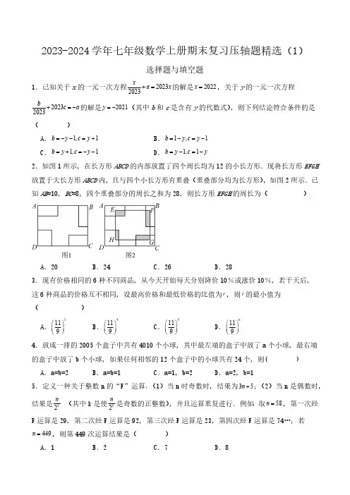 期末复习专题压轴题精选(1)-2023-2024学年七年级数学上册期末复习(原卷)(浙教版)