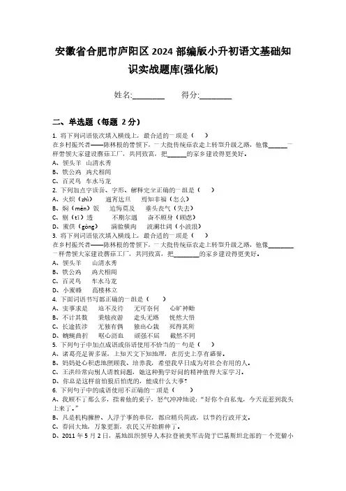 安徽省合肥市庐阳区2024部编版小升初语文基础知识实战题库(强化版)
