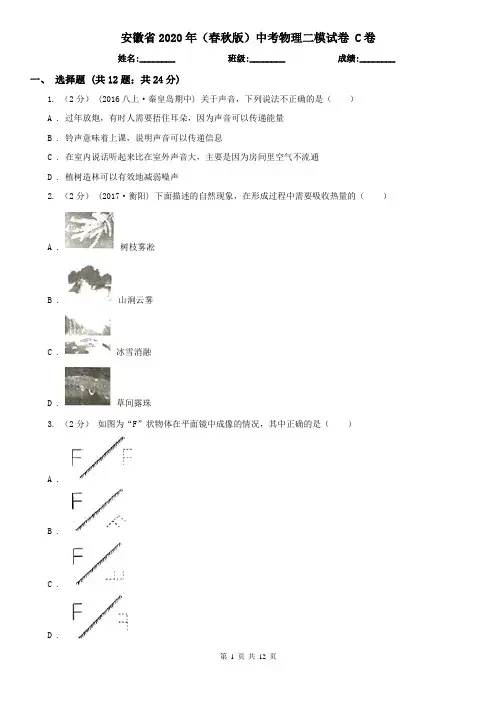 安徽省2020年(春秋版)中考物理二模试卷 C卷